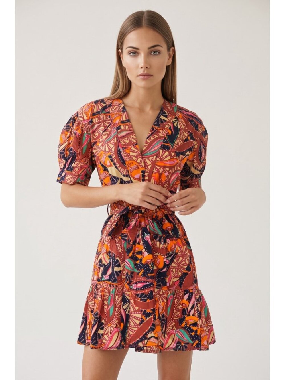A.L.C. Wrap Dress Sz 2 Orange Paisley Print Boho 70s Style Cotton Mini Resort